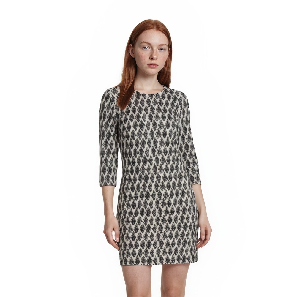 J. McLaughlin Shift Dress Women's Size Medium Black White Ikat 3/4 Sleeve